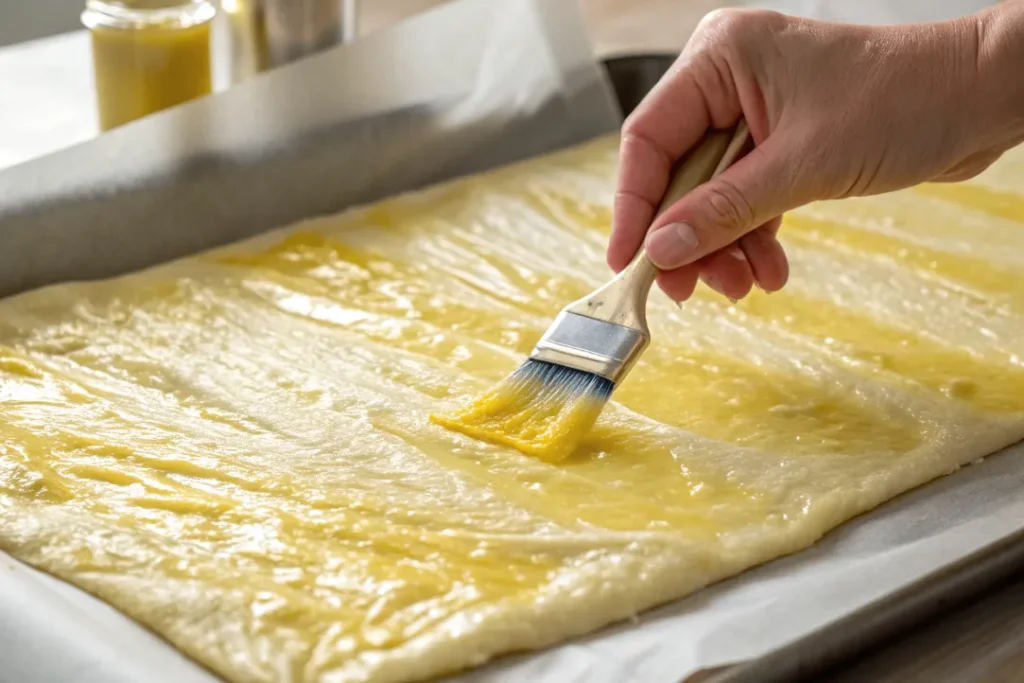 Hand brushing melted butter and oil mixture on thin Msemen dough