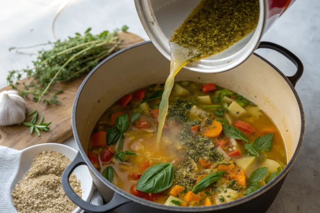 Pouring vegetable broth into sautéed vegetables with herbs for Italian Wedding Soup Vegan.
