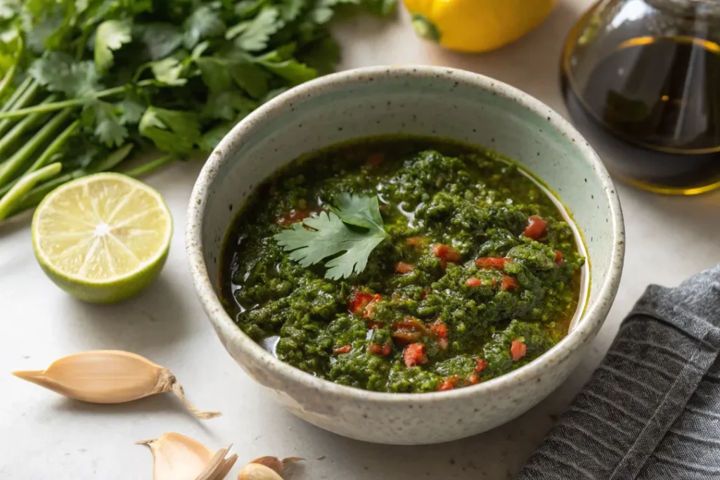 Fresh chermoula paste in a bowl prepared for Moroccan Fish Tagine.