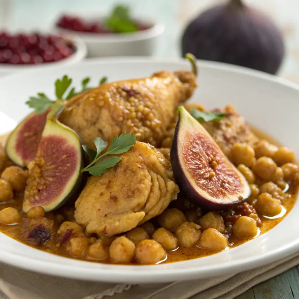 Overhead close-up of Moroccan chicken tagine with chickpeas and fresh figs served in a white bowl