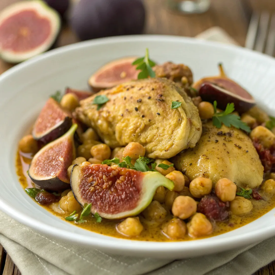Overhead close-up of Moroccan chicken tagine with chickpeas and fresh figs served in a white bowl