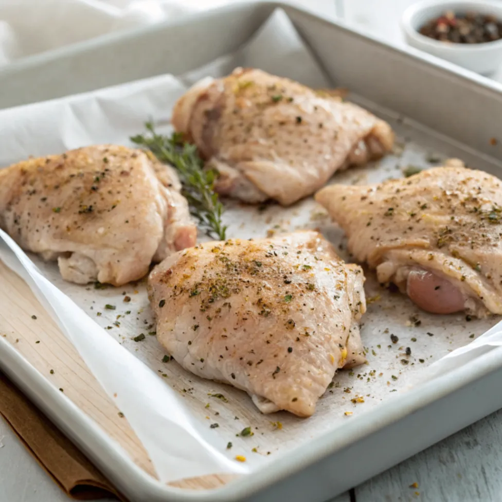 Close-up of seasoned chicken thighs placed on a parchment-lined baking tray.