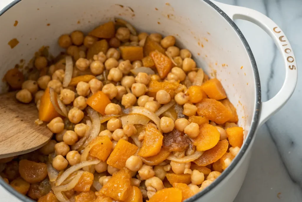 Chickpeas and dried apricots being mixed into the spiced onion base.
