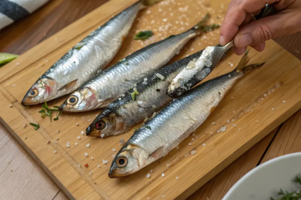 Hands cleaning and deboning fresh sardines on a wooden board