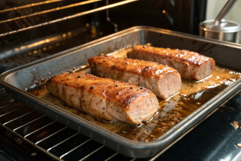 Glazed Asian Pork Tenderloin cooking in oven until golden brown