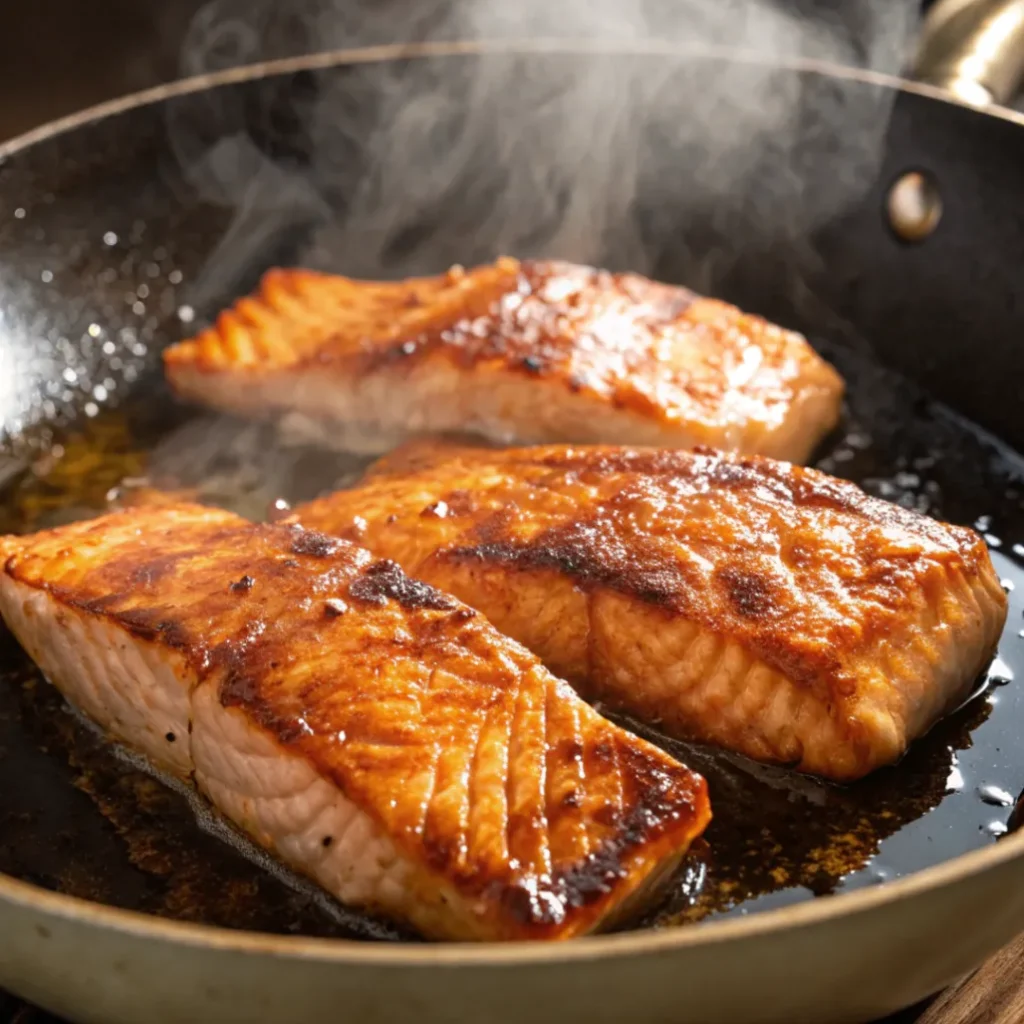 Salmon fillets searing in a pan with caramelizing Asian glaze