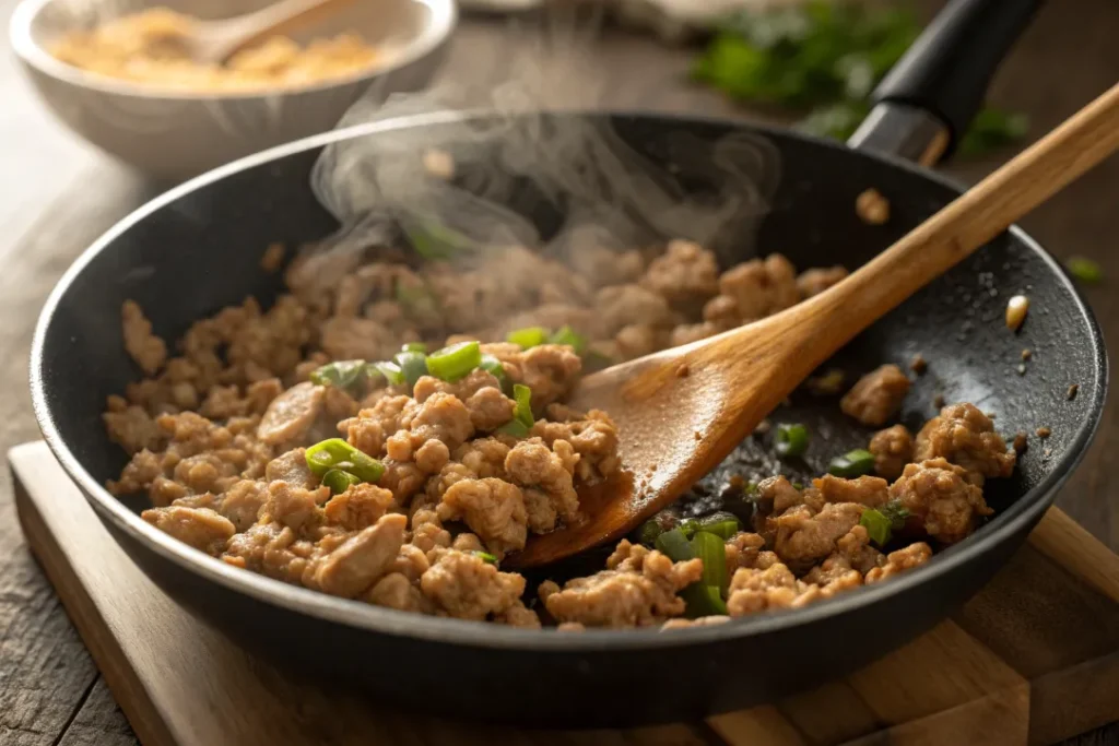 Ground chicken sizzling in a skillet while being stirred with a wooden spoon