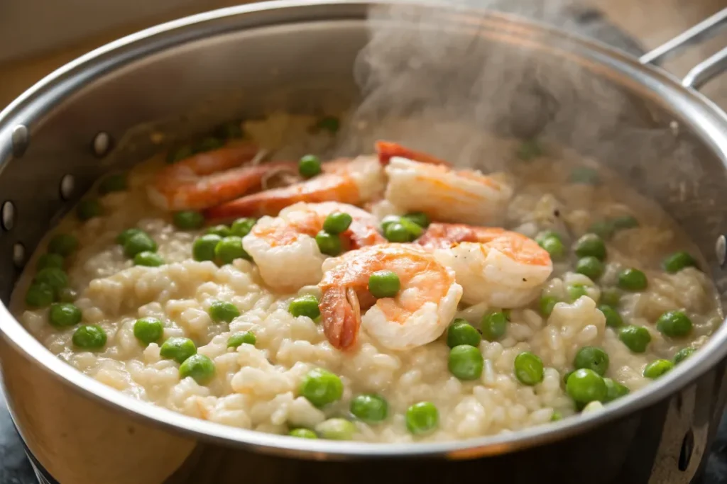 Shrimp and peas being stirred into creamy Instant Pot risotto