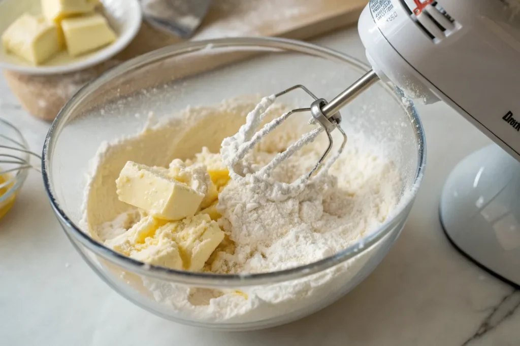 Softened butter and powdered sugar being creamed together in a bowl for Italian Wedding Cookies.