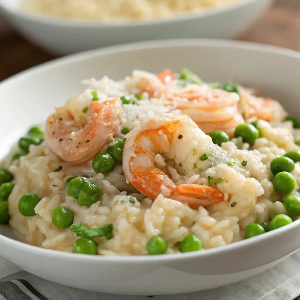 Close-up of creamy Instant Pot Shrimp Risotto with Peas garnished with Parmesan and parsley in a white bowl