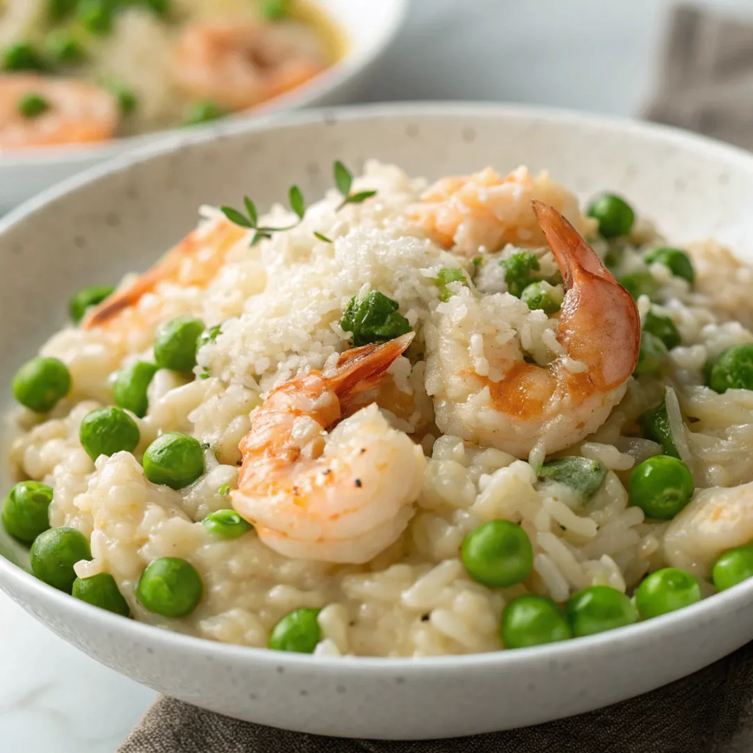 Close-up of creamy Instant Pot Shrimp Risotto with Peas garnished with Parmesan and parsley in a white bowl