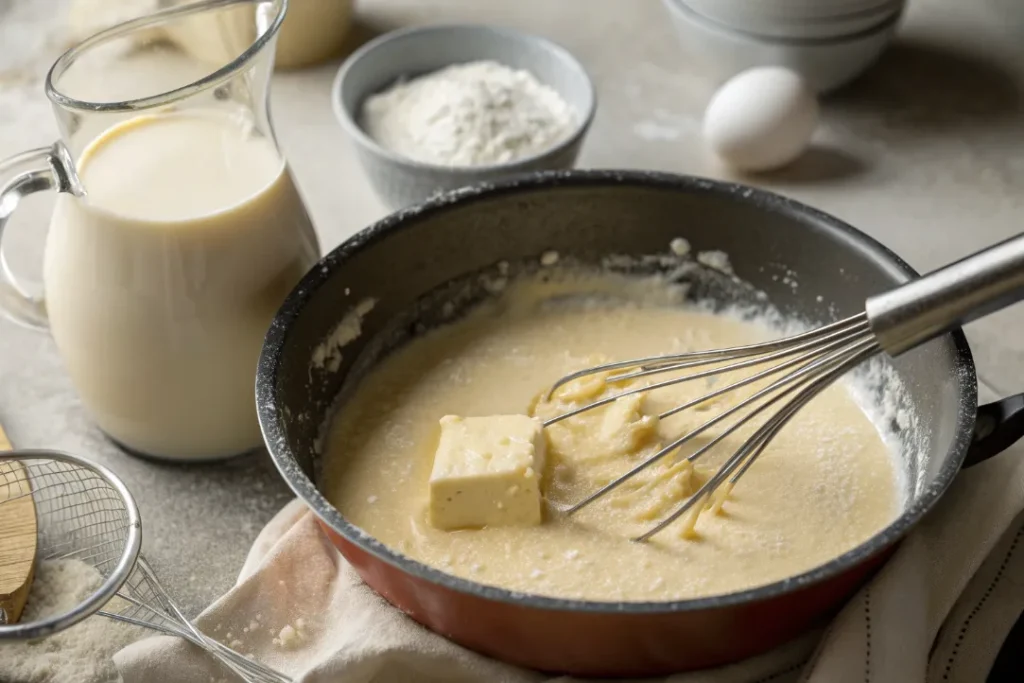 Butter, flour, and milk being whisked into a smooth béchamel sauce for Italian Lasagna.