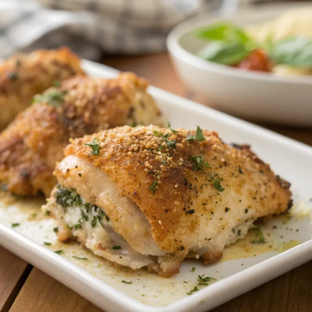 Crispy baked Italian chicken thighs with golden skin and Italian herbs served on a white plate.