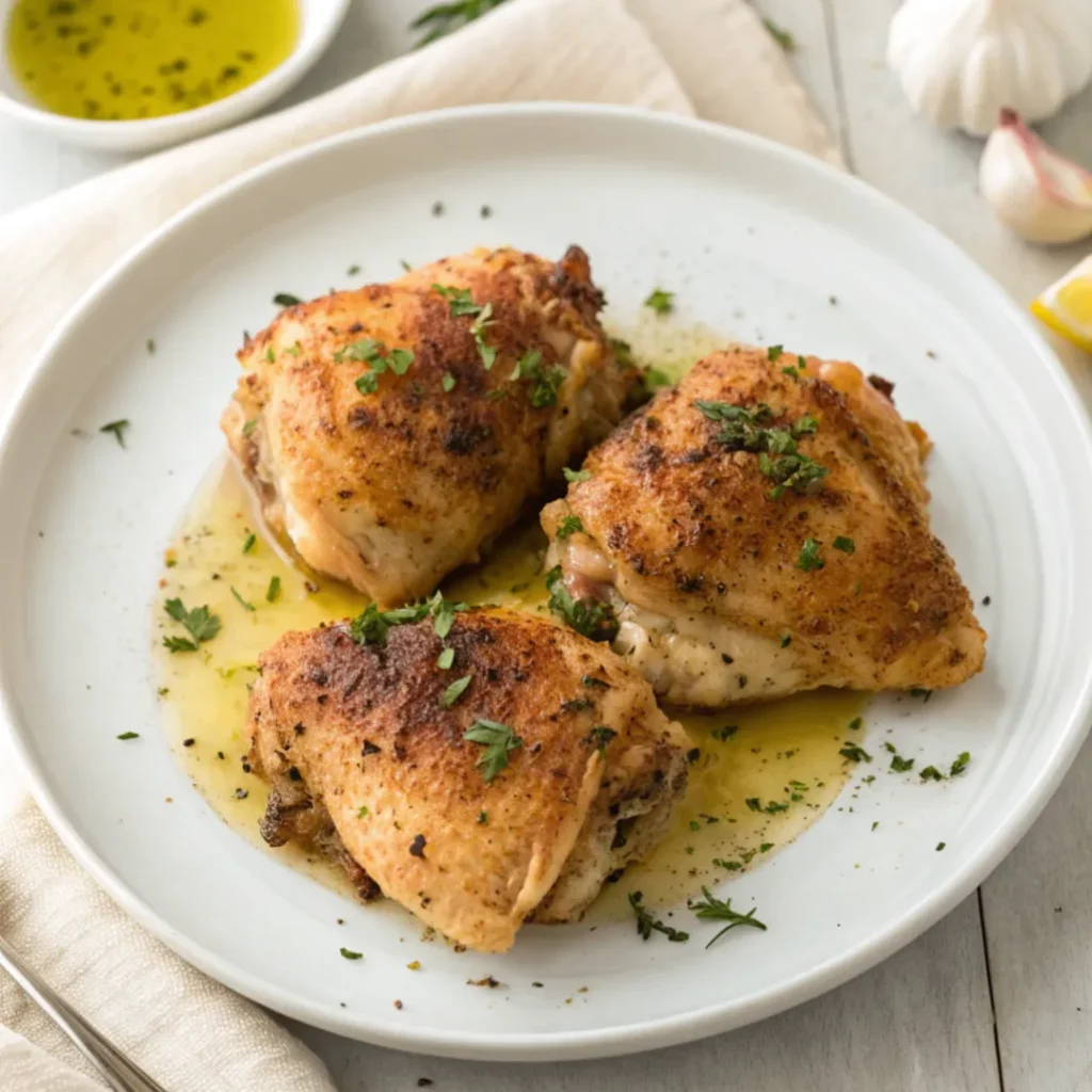 Crispy baked Italian chicken thighs with golden skin and Italian herbs served on a white plate.