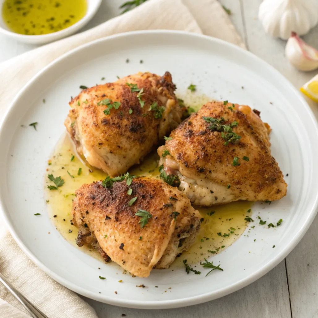 Crispy baked Italian chicken thighs with golden skin and Italian herbs served on a white plate.