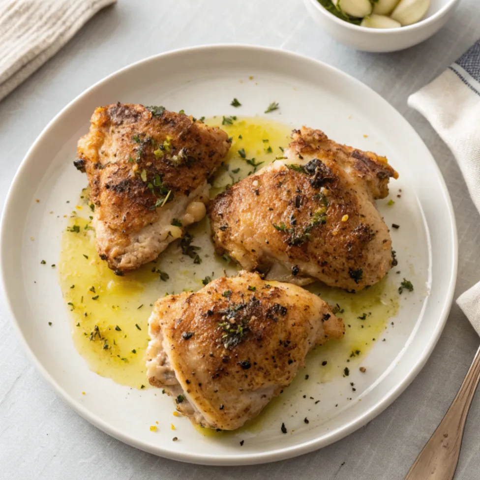 Crispy baked Italian chicken thighs with golden skin and Italian herbs served on a white plate.