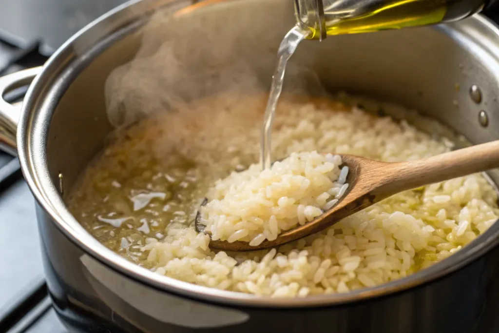 Pouring white wine into the Instant Pot for shrimp risotto