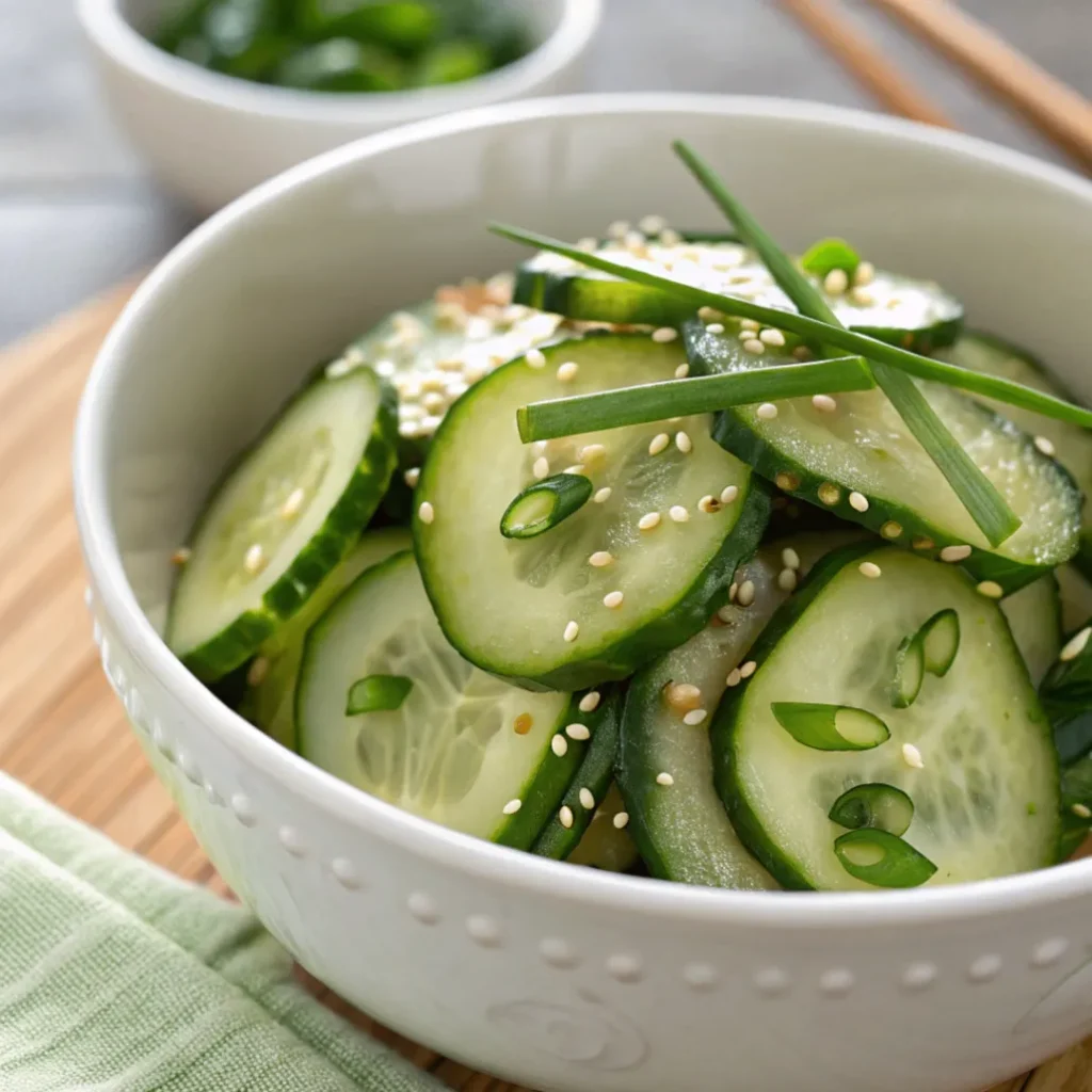 A bowl of Asian Cucumber Salad with sesame dressing, green onions, and toasted sesame seeds served in a white bowl on a wooden table.