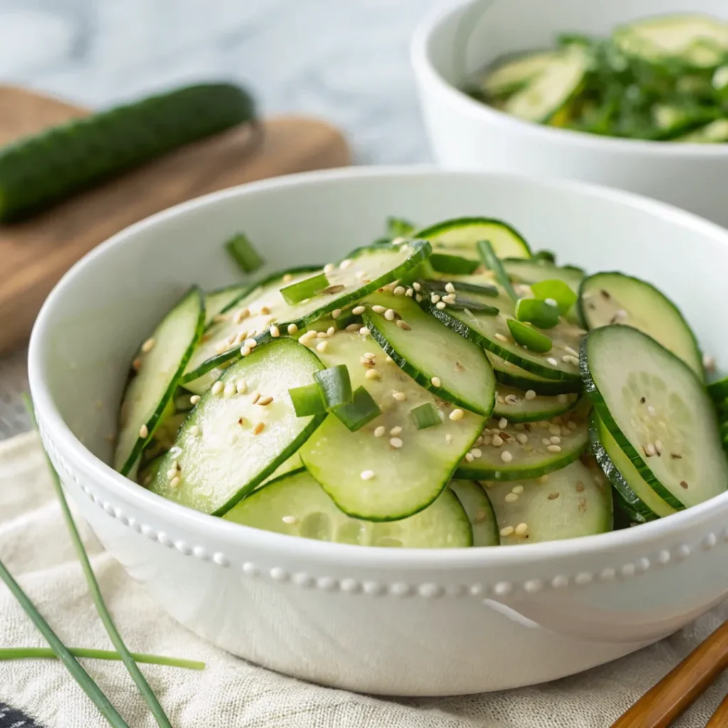 A bowl of Asian Cucumber Salad with sesame dressing, green onions, and toasted sesame seeds served in a white bowl on a wooden table.