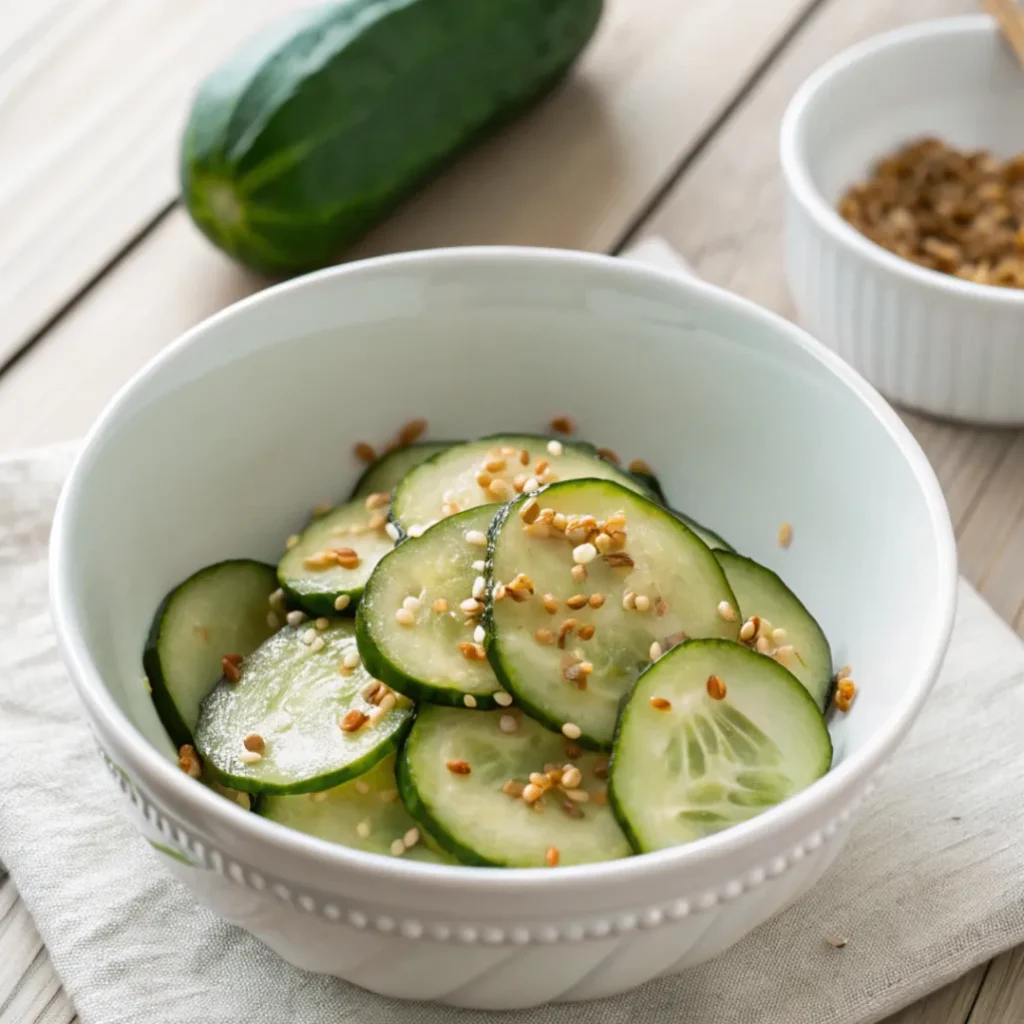 Close-up of cucumbers in rice vinegar salad with sesame seeds in a white bowl on a wooden table