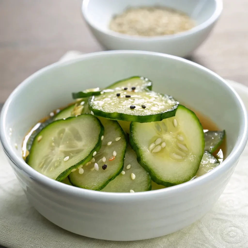 Close-up of cucumbers in rice vinegar salad with sesame seeds in a white bowl on a wooden table