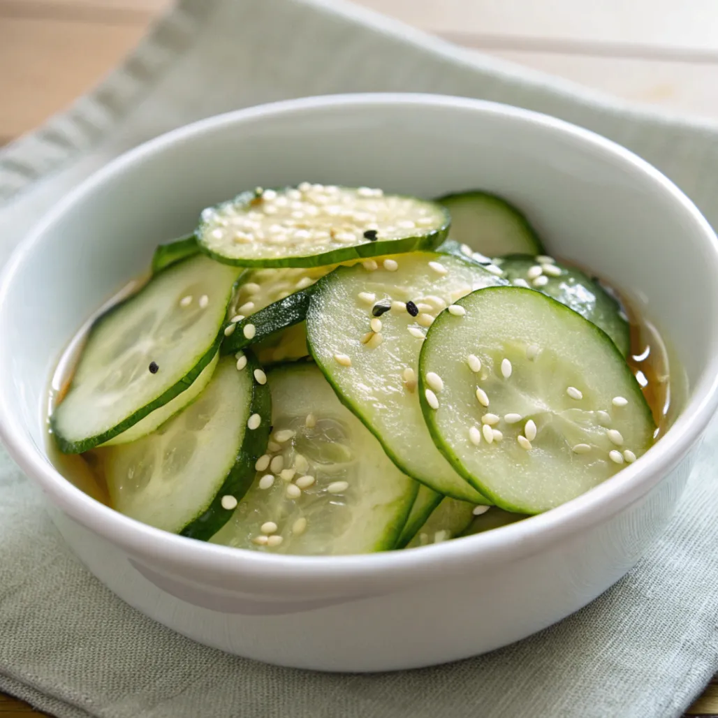 Close-up of cucumbers in rice vinegar salad with sesame seeds in a white bowl on a wooden table