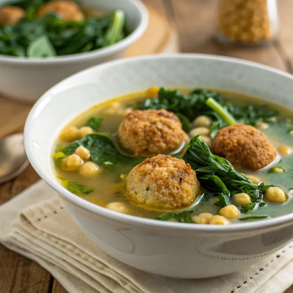 Bowl of Italian wedding soup vegan with plant-based meatballs, spinach, and pasta in a golden vegetable broth
