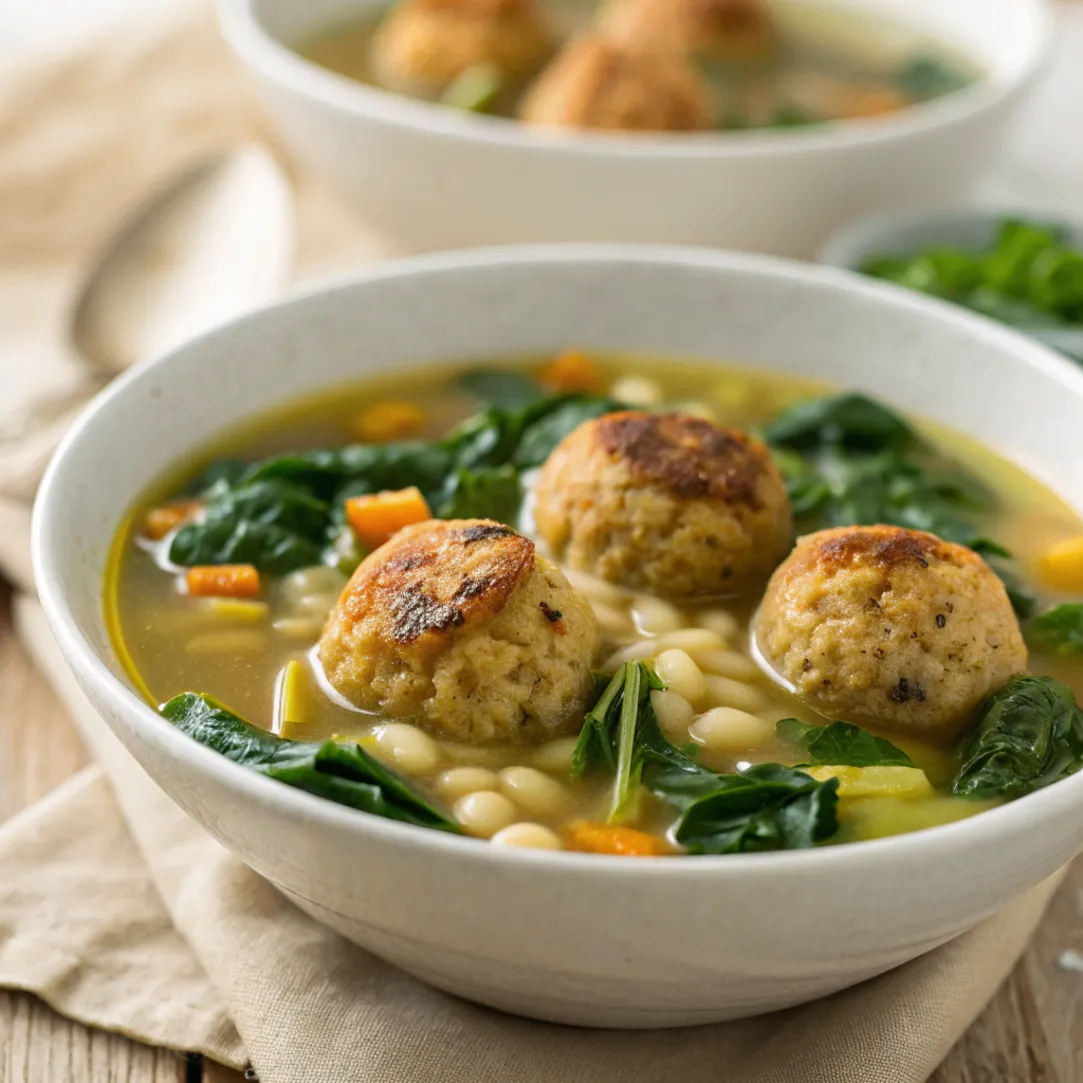 Bowl of Italian wedding soup vegan with plant-based meatballs, spinach, and pasta in a golden vegetable broth
