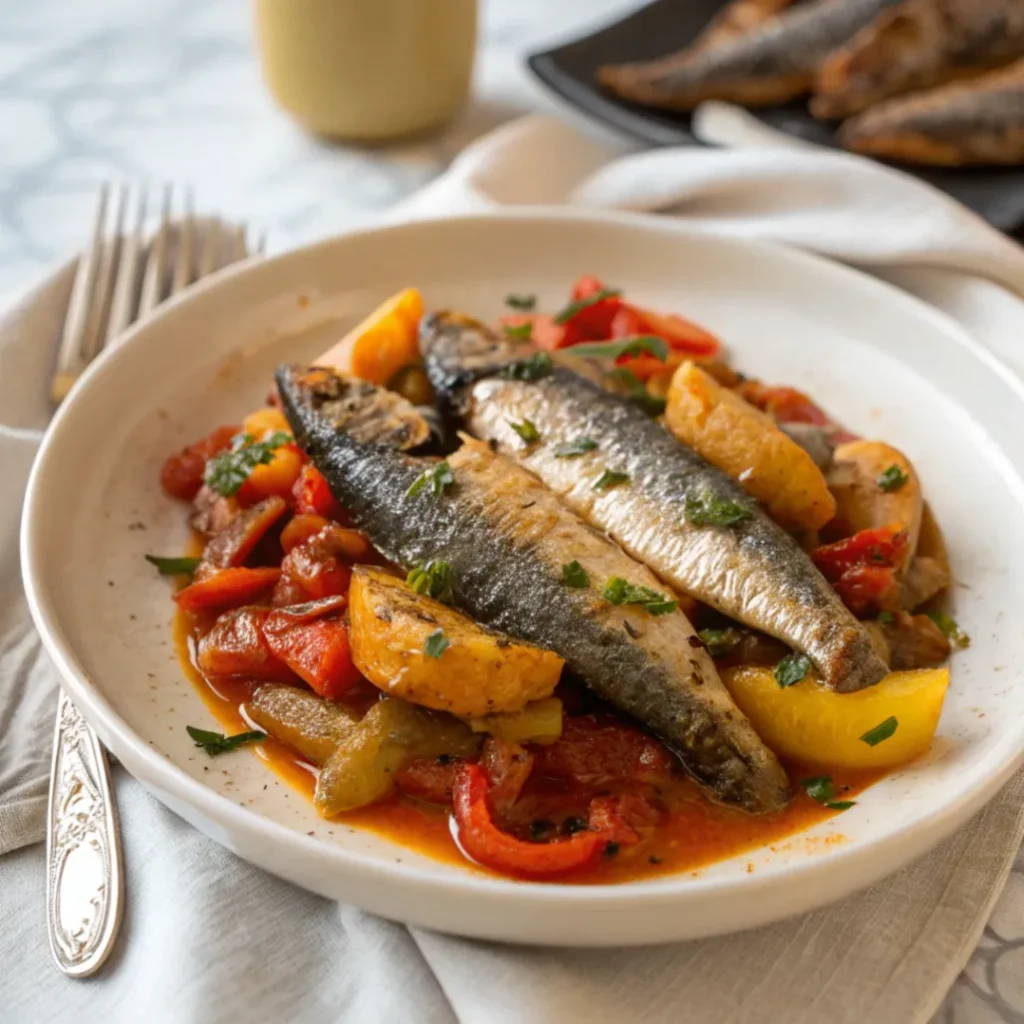 Authentic Moroccan Sardine Tagine served on a white plate with potatoes, tomatoes, peppers, and chermoula.