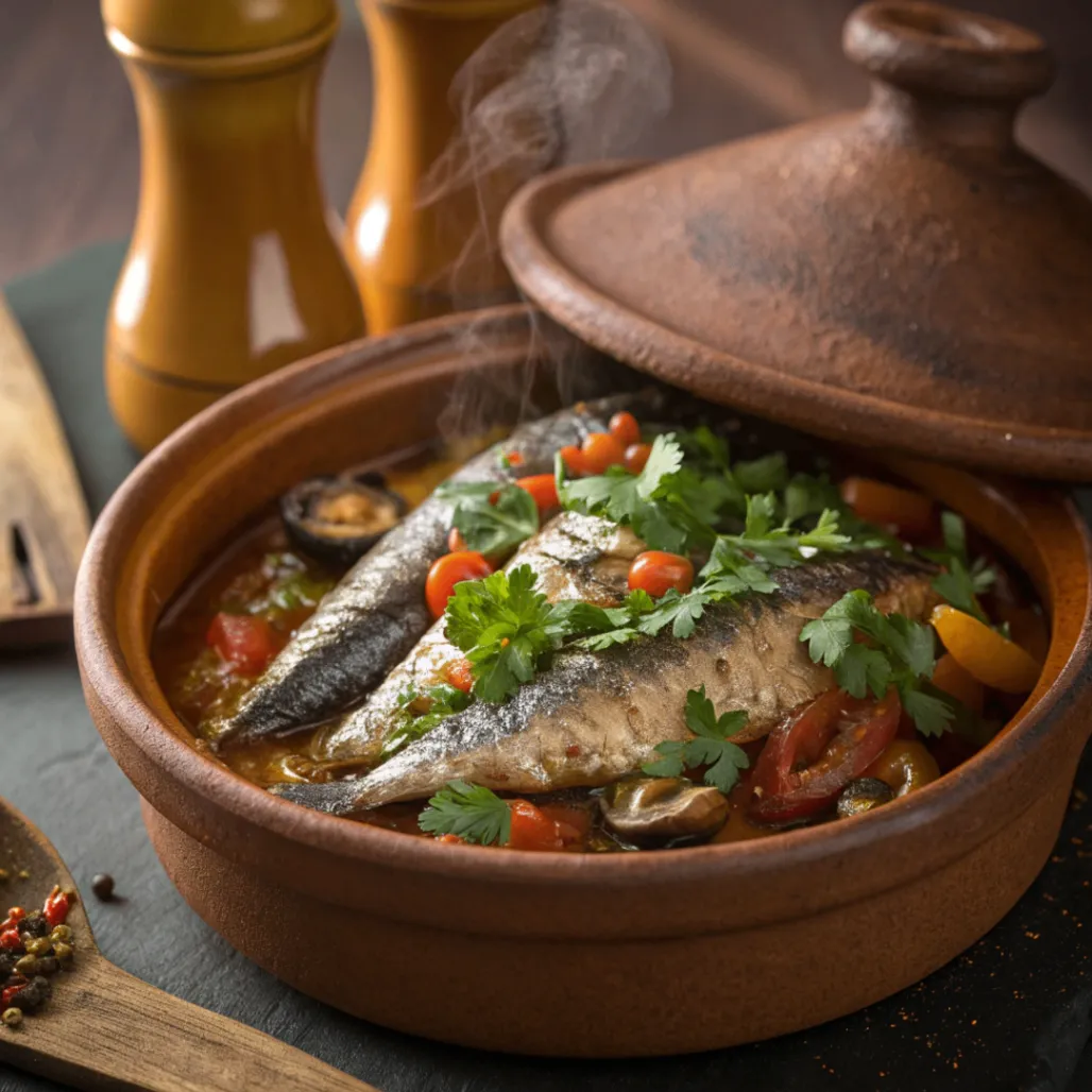 Authentic Moroccan Sardine Tagine served on a white plate with potatoes, tomatoes, peppers, and chermoula.