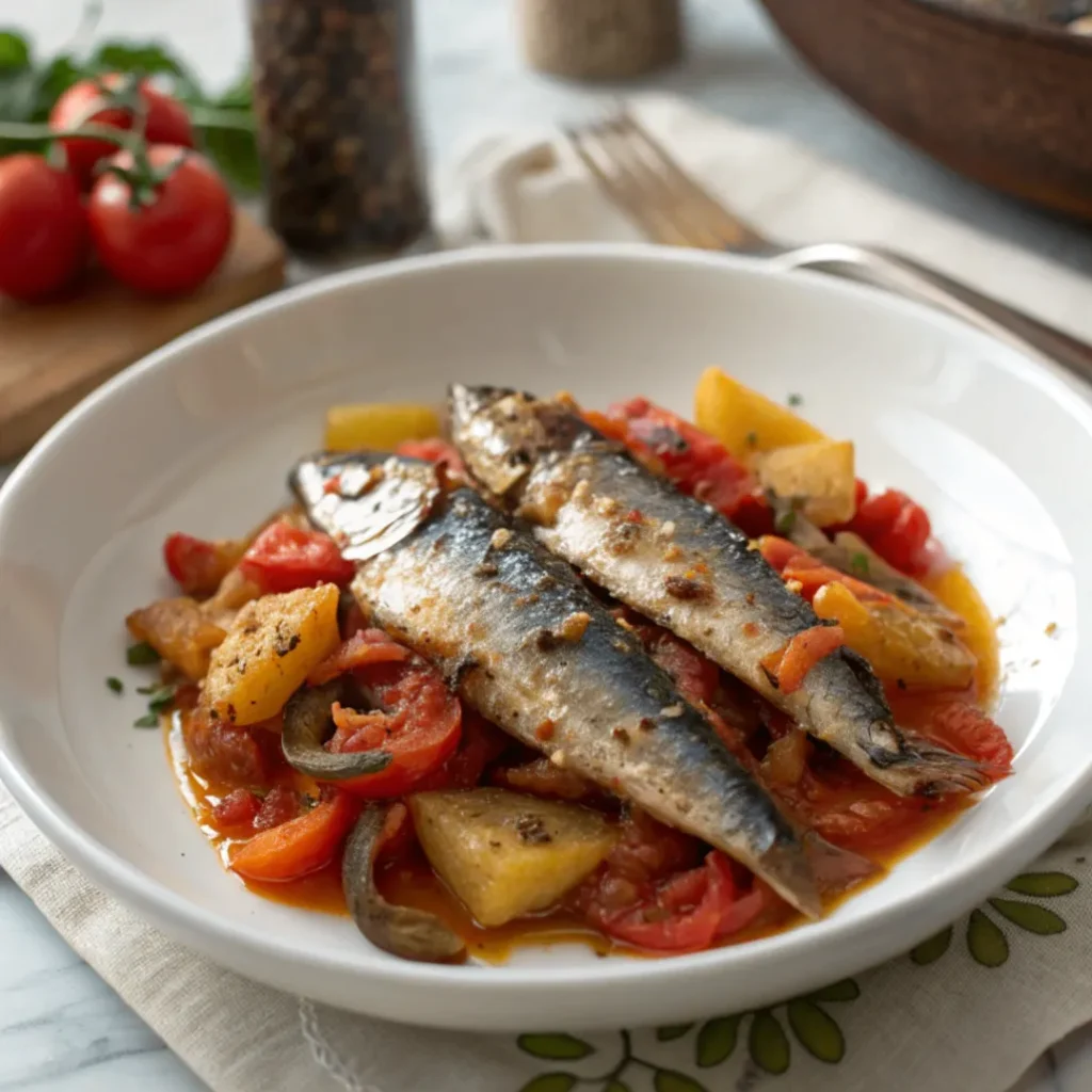 Authentic Moroccan Sardine Tagine served on a white plate with potatoes, tomatoes, peppers, and chermoula.