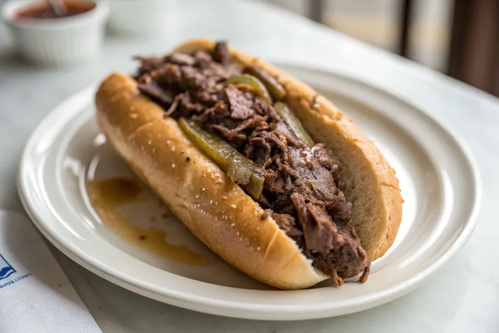 Authentic Italian Beef Sandwich dipped in jus and ready to enjoy