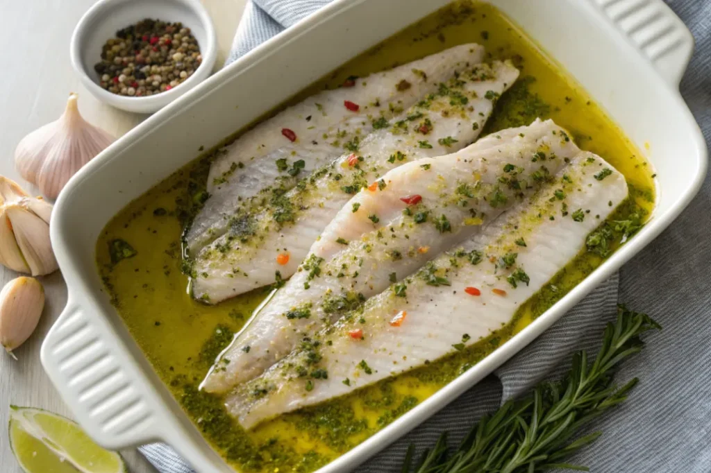 White fish fillets marinating in chermoula for Moroccan Fish Tagine.