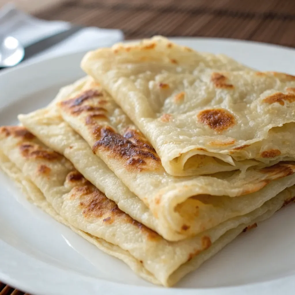 Close up photo of Moroccan Msemen flatbread stacked on a white plate showing flaky golden layers