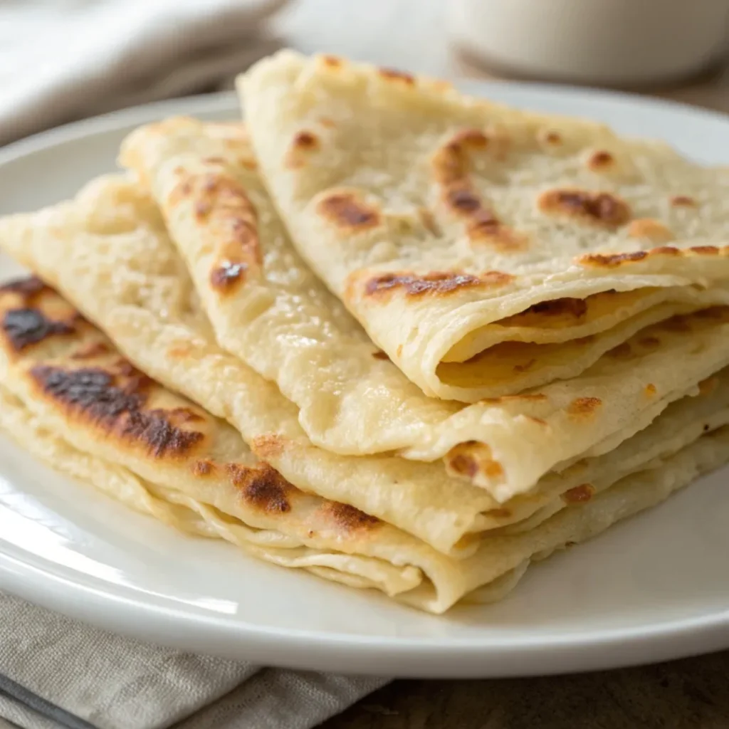 Close up photo of Moroccan Msemen flatbread stacked on a white plate showing flaky golden layers