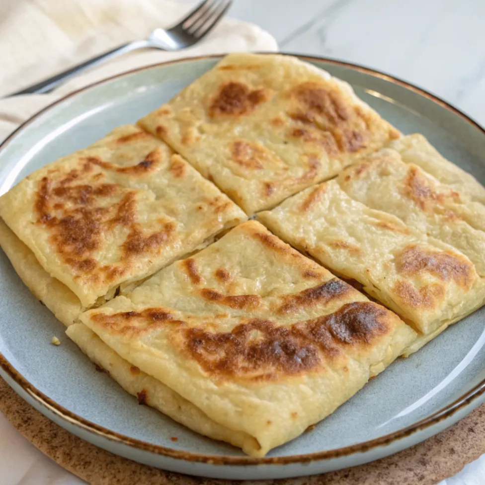 Close up photo of Moroccan Msemen flatbread stacked on a white plate showing flaky golden layers