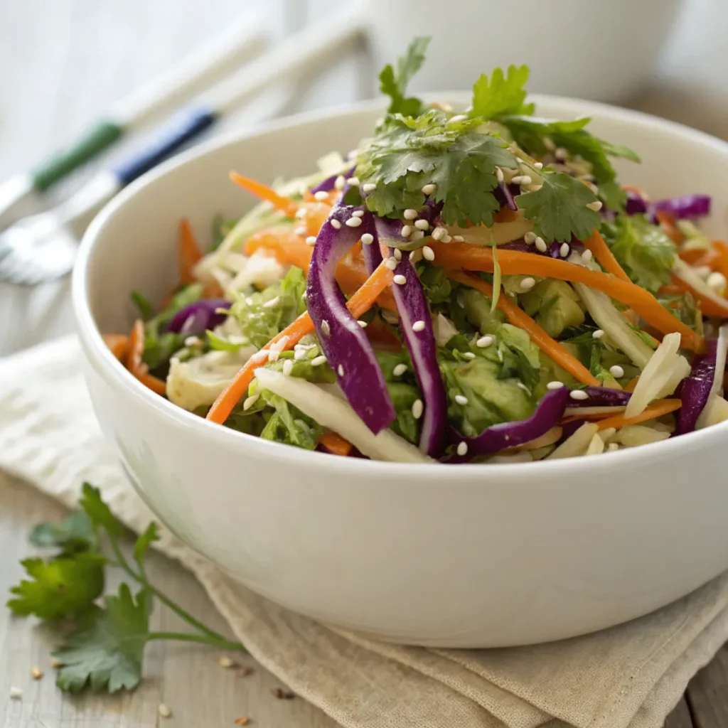 Fresh Asian Slaw in a white bowl with sesame-ginger dressing, red and green cabbage, carrots, and cilantro