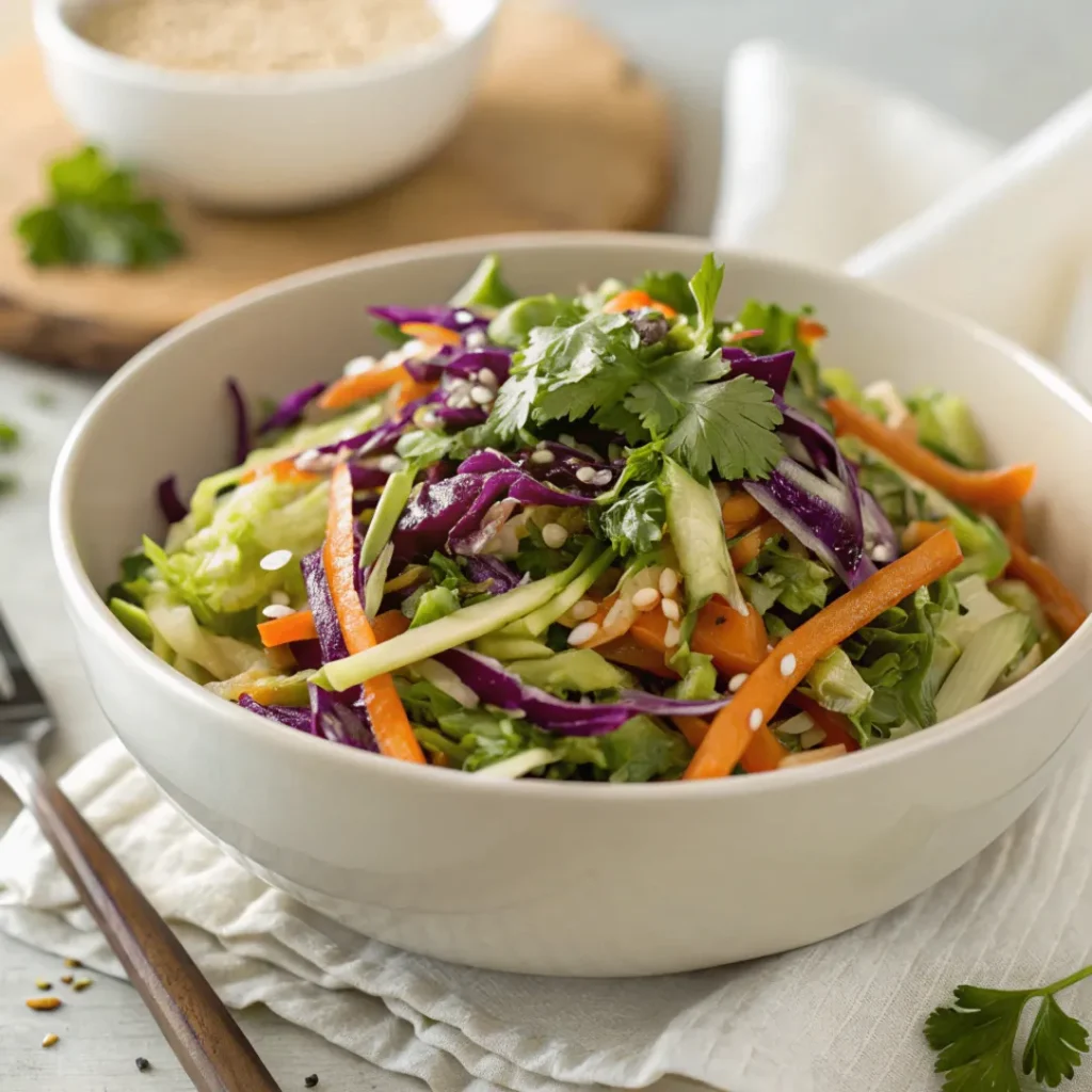 Fresh Asian Slaw in a white bowl with sesame-ginger dressing, red and green cabbage, carrots, and cilantro
