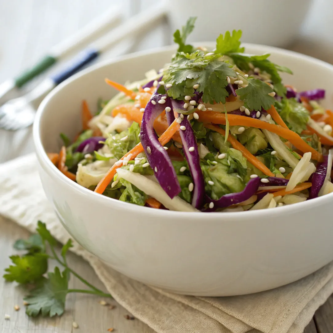 Fresh Asian Slaw in a white bowl with sesame-ginger dressing, red and green cabbage, carrots, and cilantro
