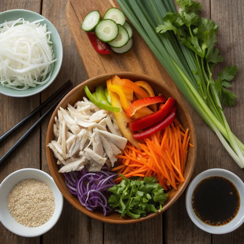Top view of fresh and colorful ingredients for Asian Chicken Noodle Salad, including noodles, chicken, and vegetables arranged on a wooden table.