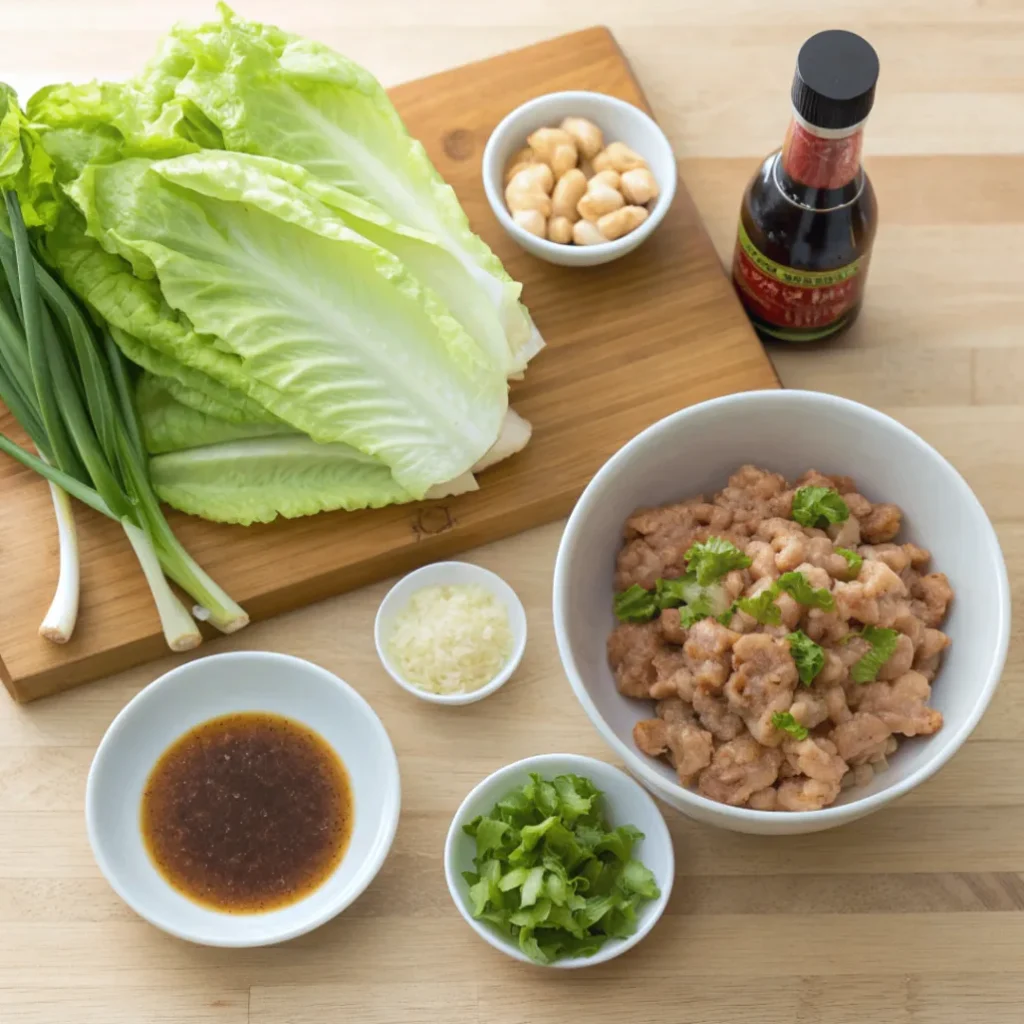 Freshly prepared ingredients for Asian Lettuce Wraps, including ground chicken, hoisin sauce, soy sauce, lettuce, ginger, garlic, and lime on a wooden counter.