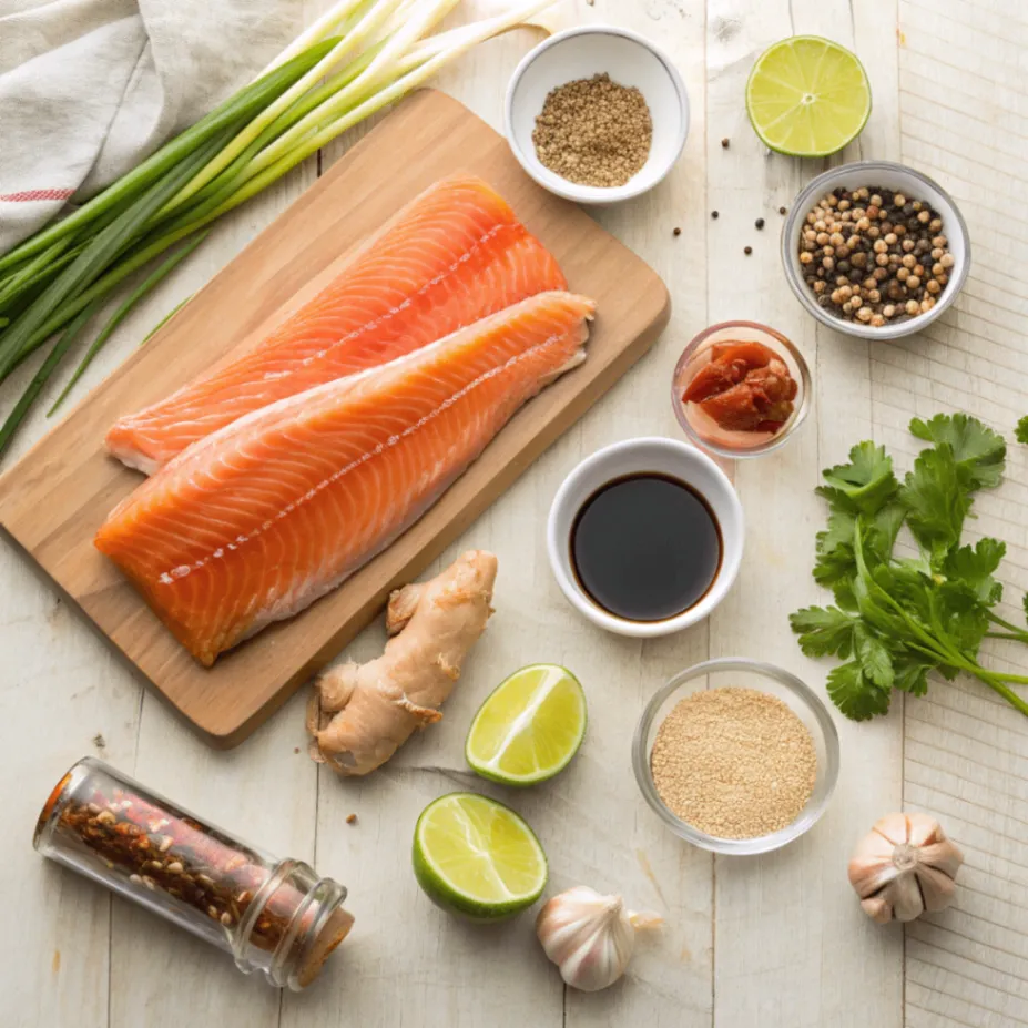 Fresh ingredients for Asian Rainbow Trout including trout fillets, soy sauce, ginger, garlic, sesame oil, honey, lime, and herbs arranged on a wooden surface