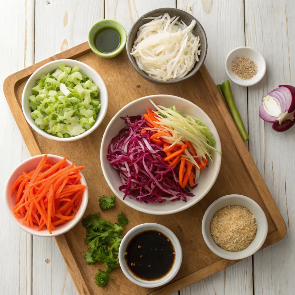 Overhead view of colorful Asian Slaw ingredients including shredded cabbage, carrots, bell pepper, sesame seeds, soy sauce, and rice vinegar arranged on a rustic kitchen table.