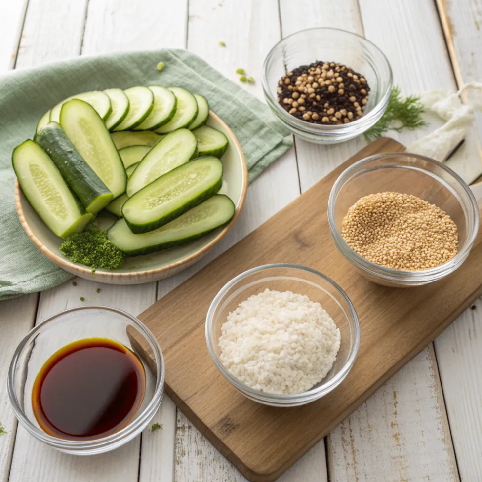 Overhead view of sliced cucumbers, rice vinegar, and seasonings for making cucumbers in rice vinegar