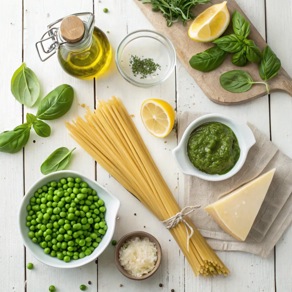 A flat lay of fresh basil, peas, linguine, pesto sauce, and Parmesan for making Healthy Instant Pot Linguine with Pesto and Peas