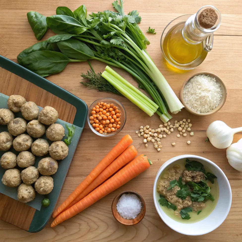 Flat lay of colorful fresh ingredients for Italian wedding soup vegan including vegetables, pasta, vegan meatballs, and herbs on a wooden table