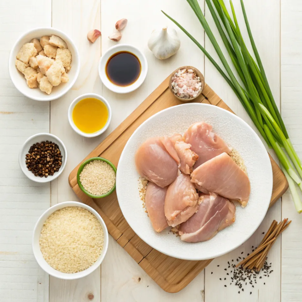 Overhead photo of fresh ingredients for Asian Glazed Chicken Thighs including soy sauce, honey, garlic, ginger, sesame oil, and chicken thighs arranged on a wooden surface.