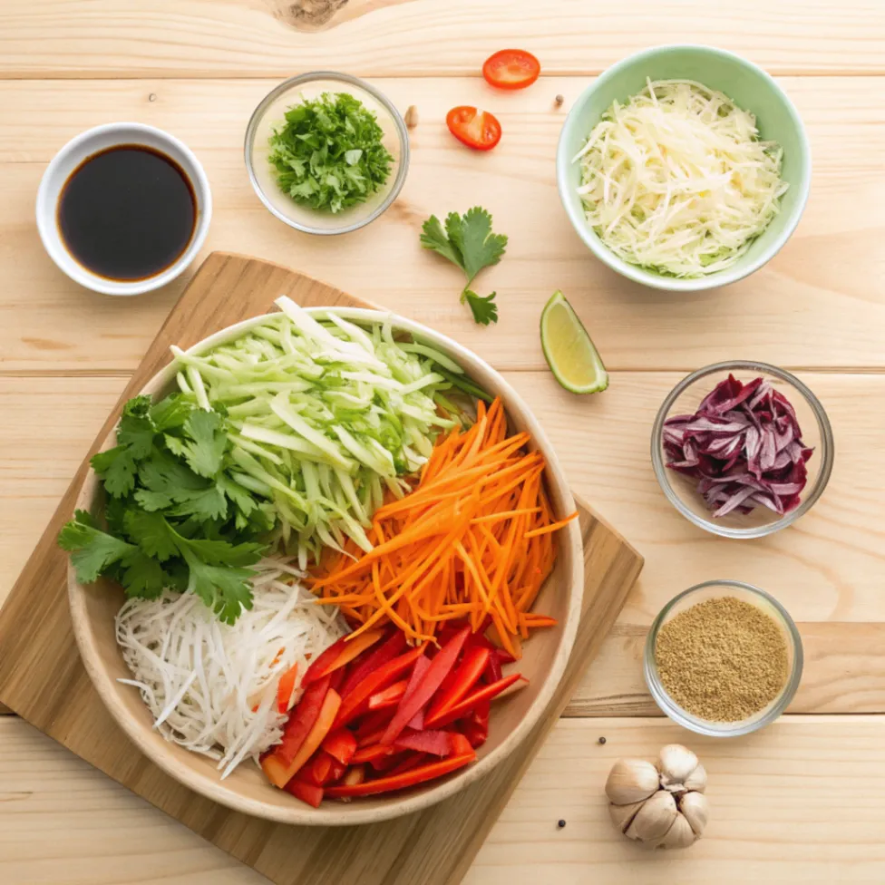 Overhead view of colorful fresh ingredients for Asian Coleslaw including cabbage, carrots, bell peppers, sesame seeds, and sesame dressing components