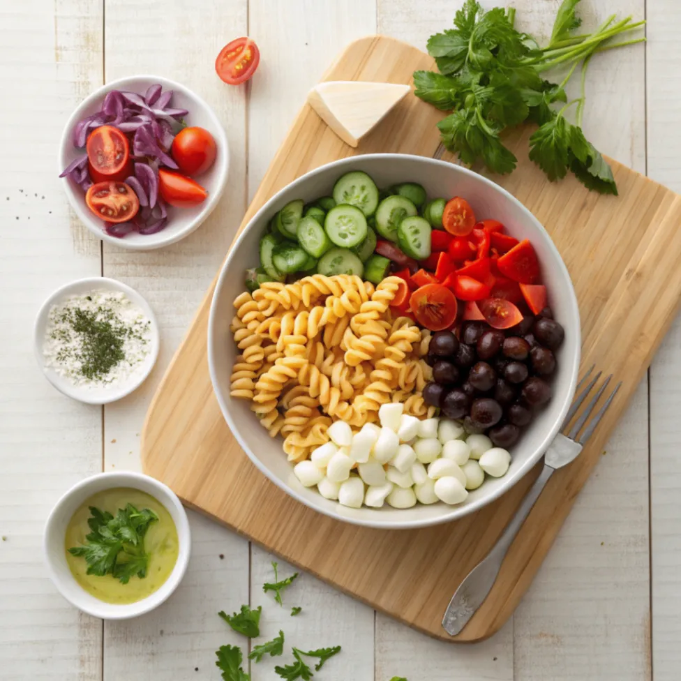 Overhead view of colorful ingredients for Italian Pasta Salad including pasta, tomatoes, cucumbers, bell peppers, olives, mozzarella, and herbs