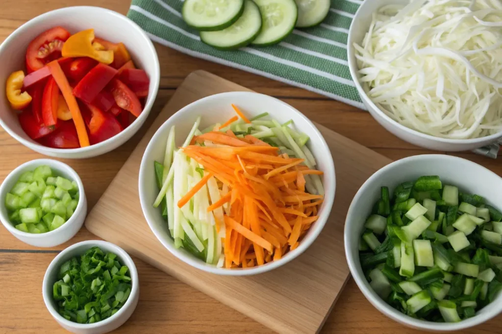 Chopped vegetables including cabbage, carrots, cucumbers, and bell peppers for Asian Chicken Noodle Salad